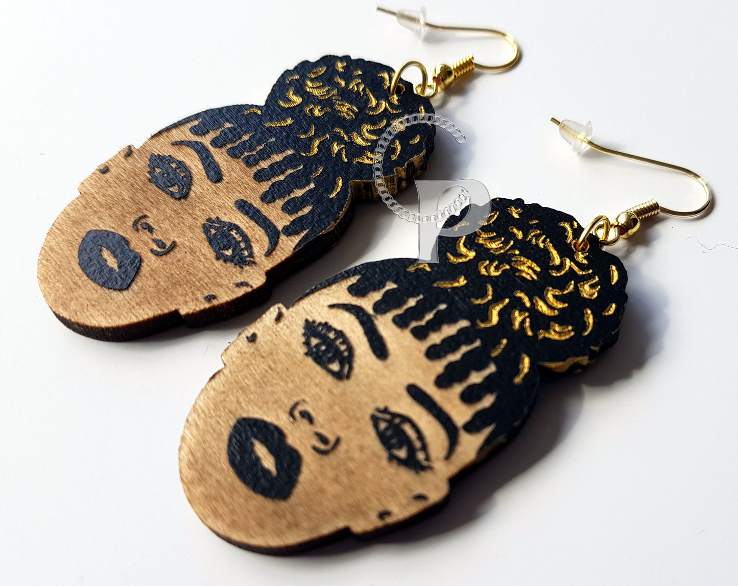 African earrings woman Afro puff silhouette wooden engraved natural hair earrings black and gold