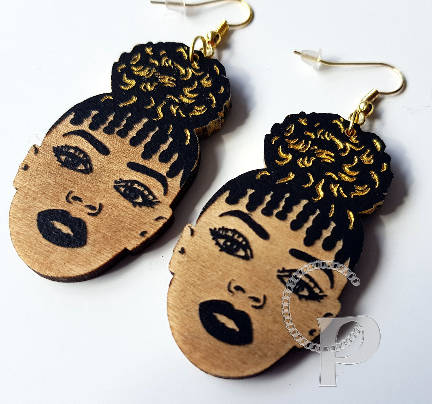 African earrings woman Afro puff silhouette wooden engraved natural hair earrings black and gold