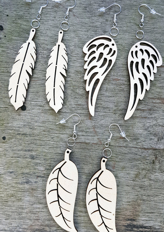 3 pairs of earrings kit wooden DIY feathers wings