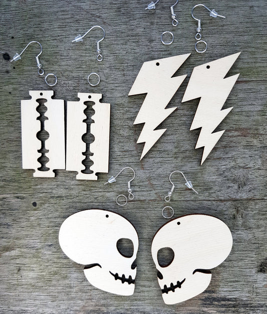 3 pairs of earrings kit wooden DIY feathers lightning, skull, razor blade