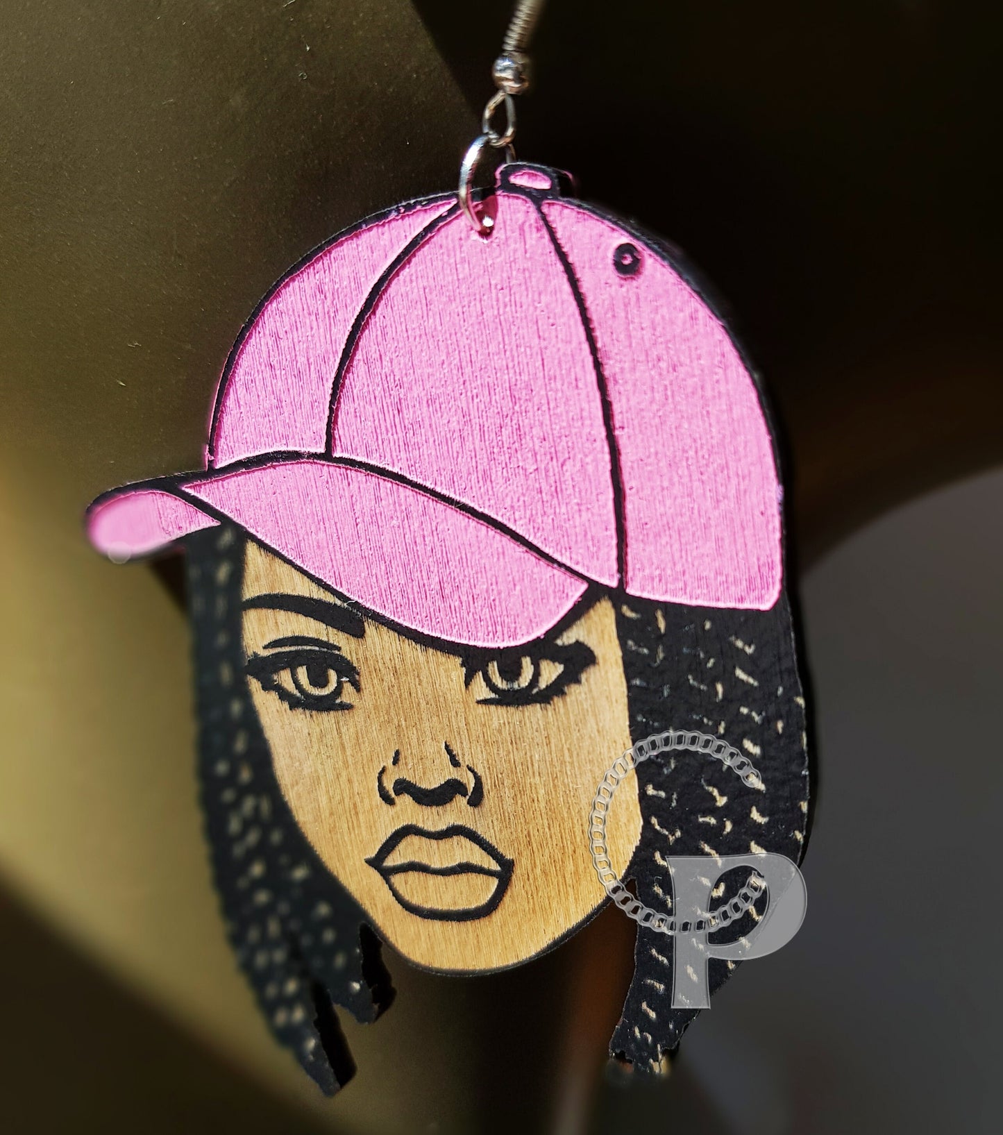 African earrings woman Afro silhouette wooden engraved natural hair girl with in a baseball cap