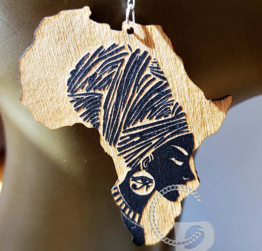 Africa earrings Ethnic woman on map of Africa wooden engraved black or brown