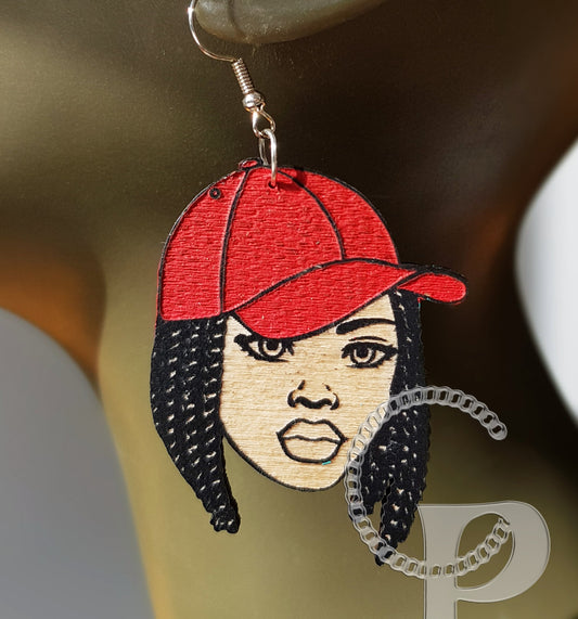 African earrings woman Afro silhouette wooden engraved natural hair girl with in a baseball cap