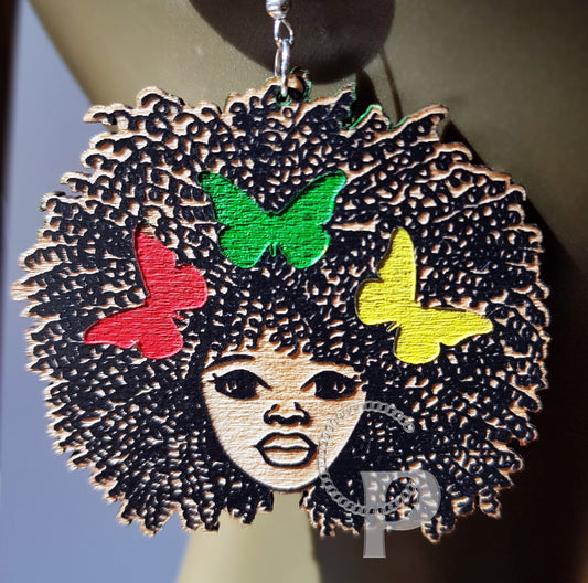 African earrings  Afro woman with Juneteenth colors butterflies natural hair coils