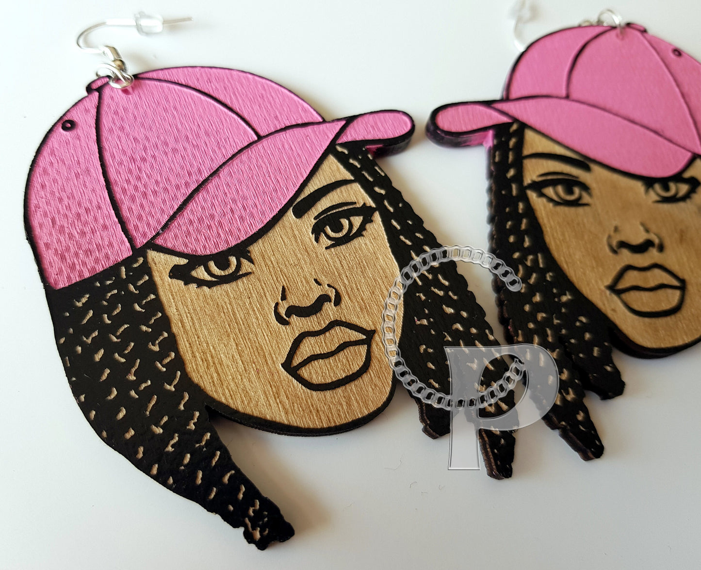 African earrings woman Afro silhouette wooden engraved natural hair girl with in a baseball cap