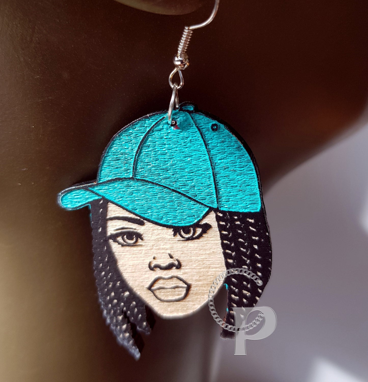 African earrings woman Afro silhouette wooden engraved natural hair girl with in a baseball cap