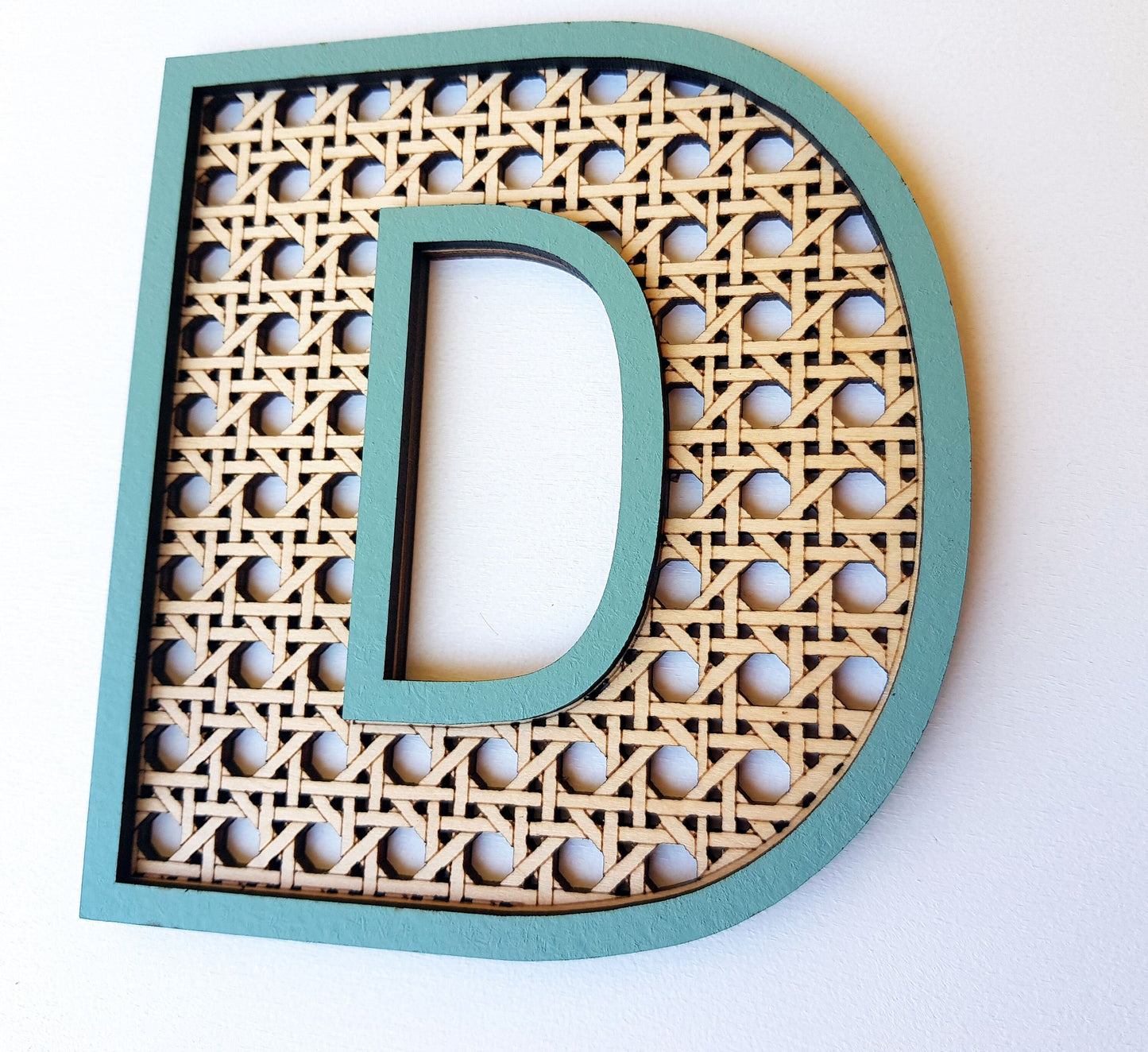 Wooden letter boho style rattan look cane custom name wall decor color frame double name medium