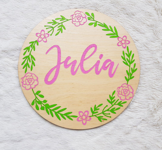 Baby girl announcement sign wooden name sign round wood hand painted flower wreath boho nursery decor