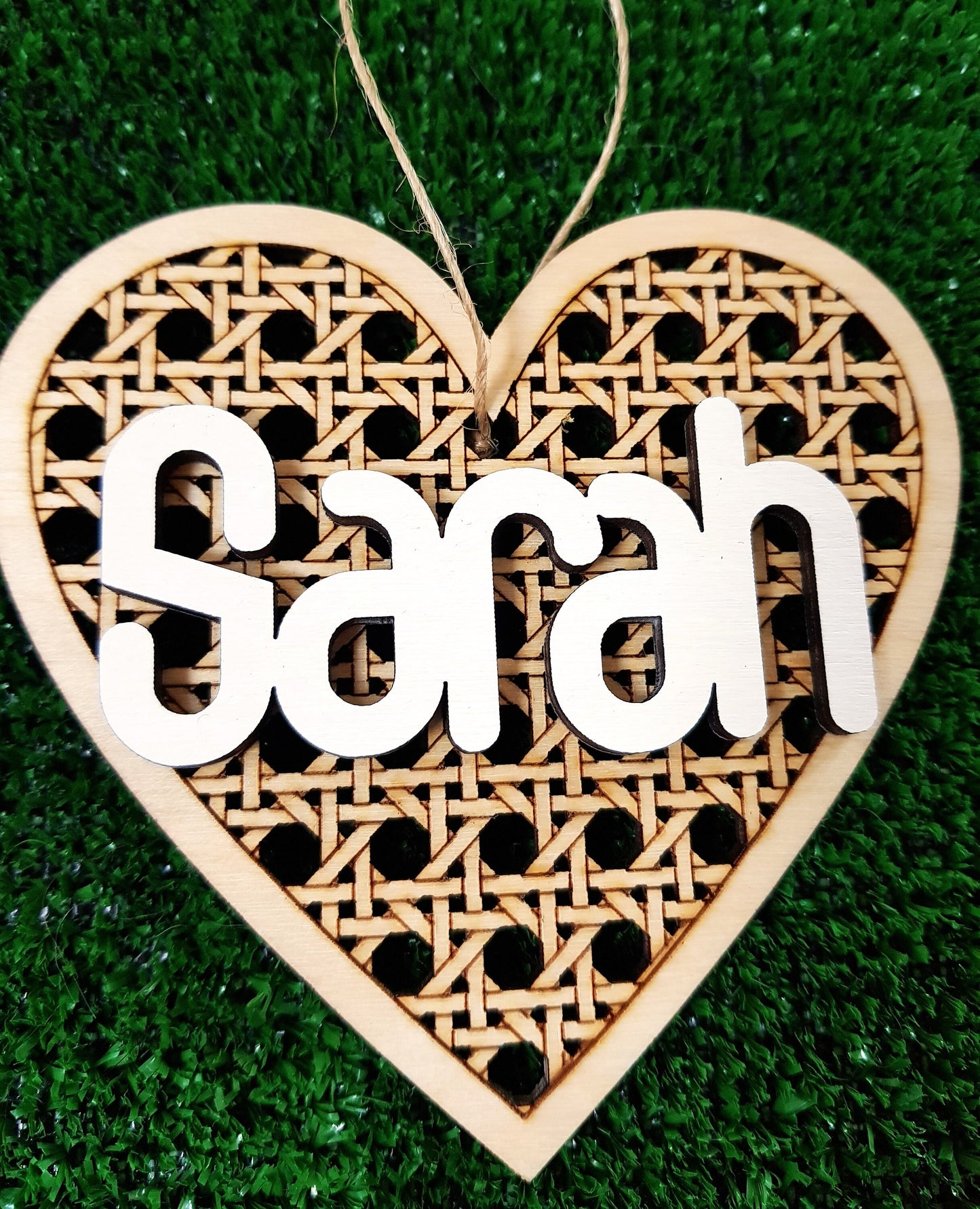 Personalized wooden  heart in rattan style any name laser cut first Christmas ornament gift