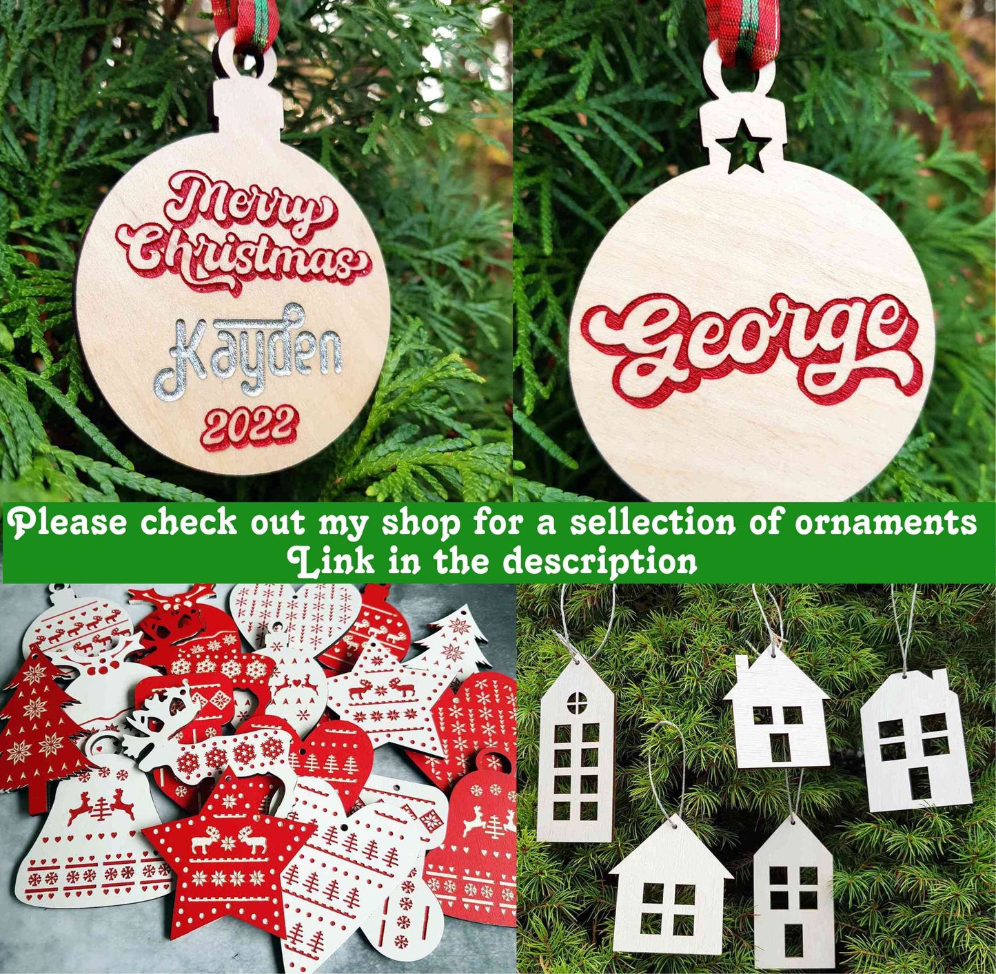 Personalized wooden  heart in rattan style any name laser cut first Christmas ornament gift