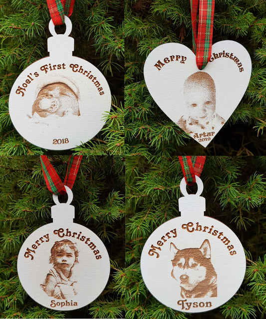 Personalized wooden bauble photo engraved any name laser cut first Christmas ornament gift