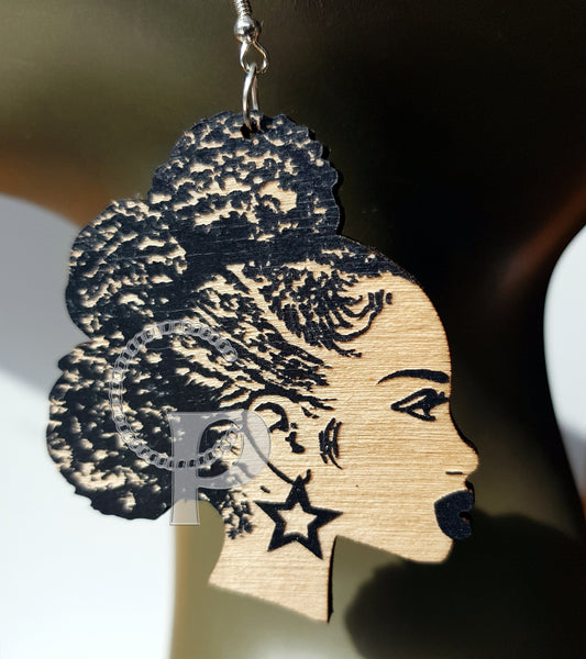 African earrings wood woman Afro silhouette wooden engraved natural hair black afro puff