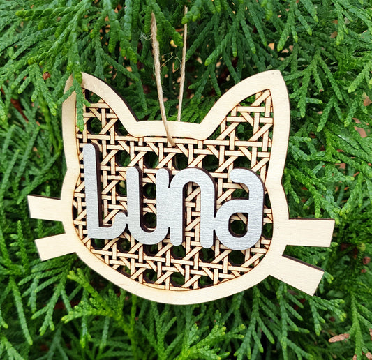 Cat personalized wooden bauble any name laser cut first Christmas ornament gift for pet rattan style