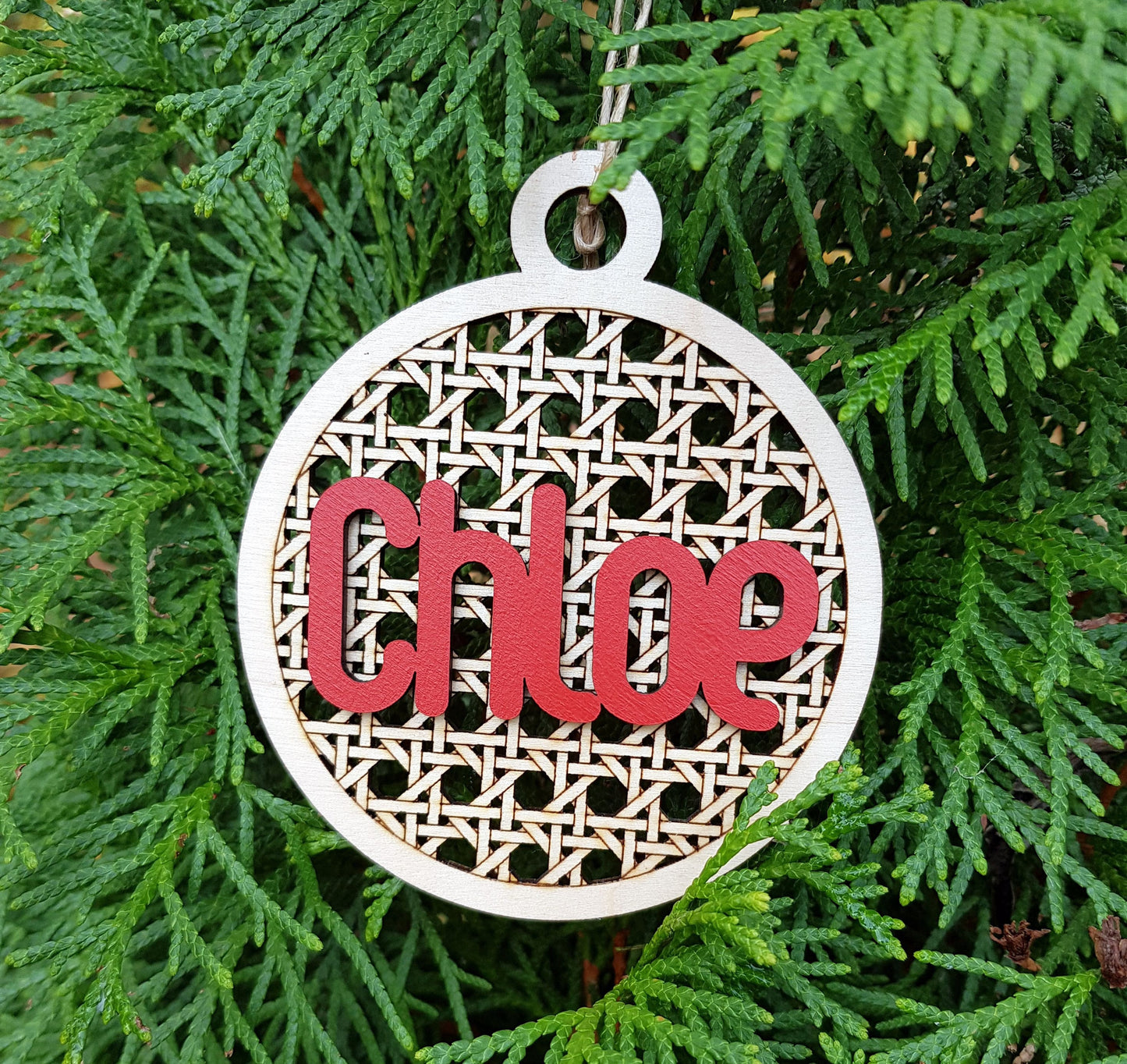 Personalized wooden bauble child name laser cut first Christmas ornament gift rattan style