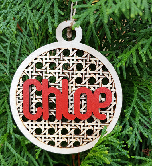 Personalized wooden bauble child name laser cut first Christmas ornament gift rattan style