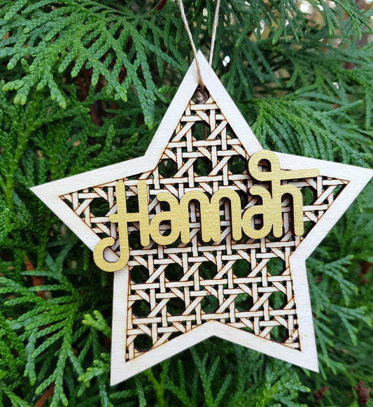 Personalized wooden bauble child name laser cut first Christmas ornament gift rattan style star