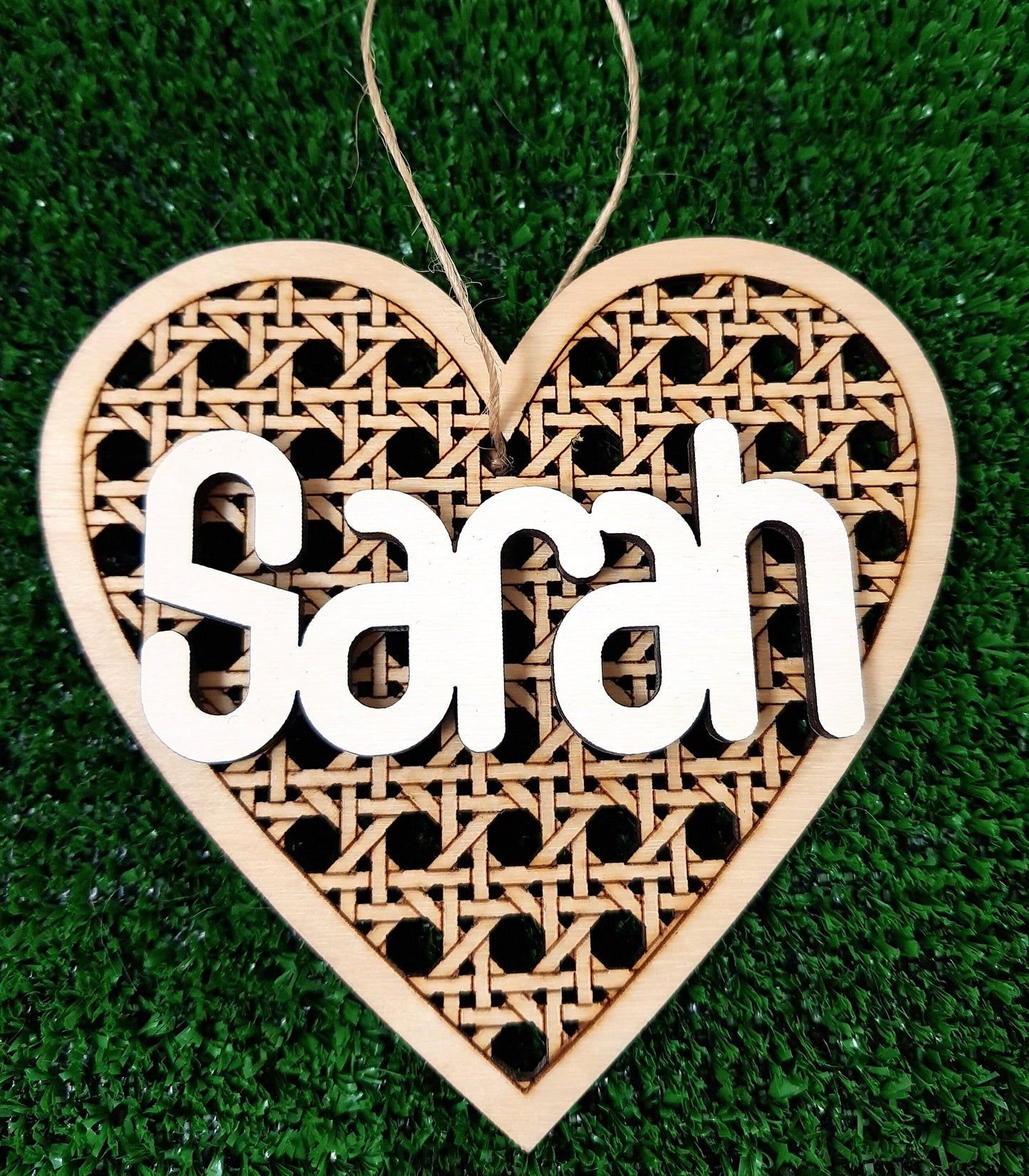 Personalized wooden  heart in rattan style any name laser cut first Christmas ornament gift