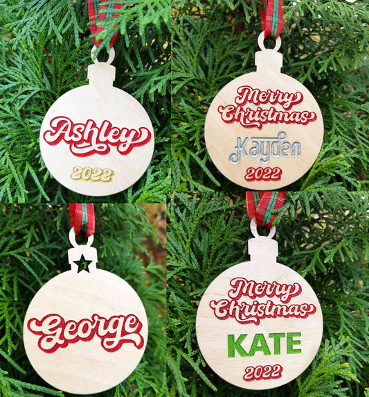 Personalized wooden bauble hand painted any name laser cut first Christmas ornament gift