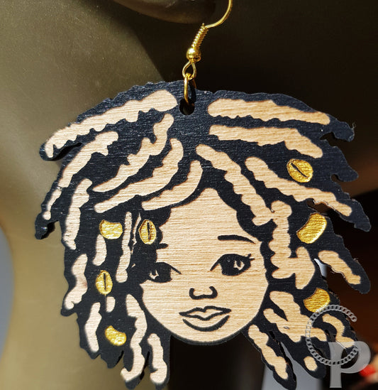 African wooden earrings Afro woman girl silhouette jewlery engraved natural hair locs black and gold