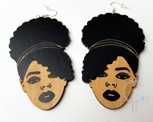 African earrings wood Afro puff style black girl with natural hair hand painted oversized jewelry big ethnic earrings in black