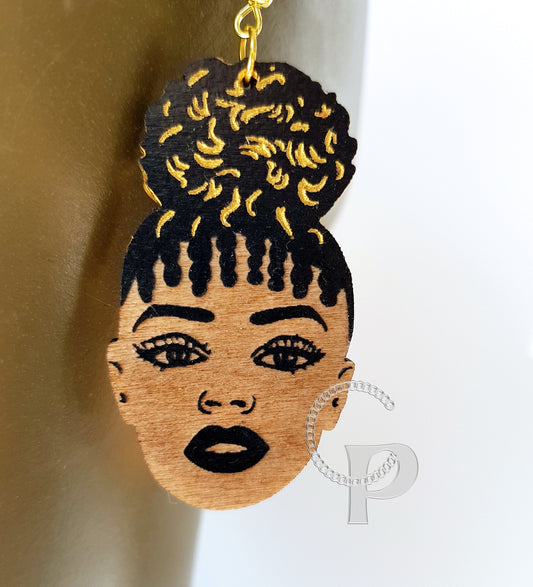 African earrings woman Afro puff silhouette wooden engraved natural hair earrings black and gold