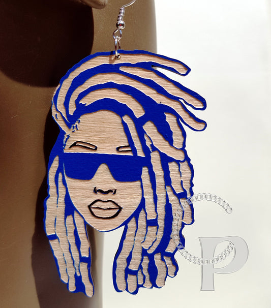 African earrings locs woman wooden and double sided Afrocentric jewelry with natural hair and sunglasses many colors