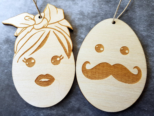 Funny wooden Easter ornaments gift for a couple wood mustache egg shapes spring decor