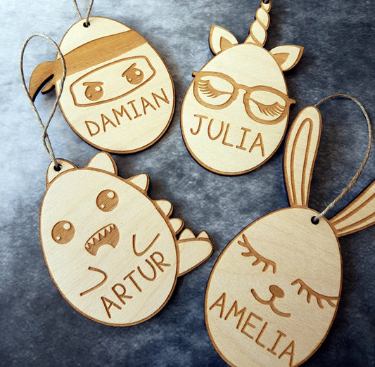 4 Wooden Easter eggs personalized ornaments wood crafts decoration Easter name tags pendants decor Spring