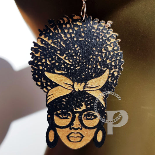 African wooden earrings Afro woman puff silhouette engraved natural hair coils glasses black