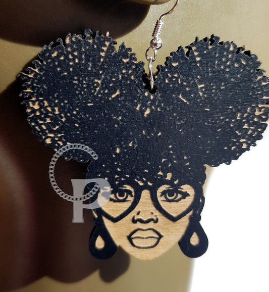 African wooden earrings woman Afro puff silhouette engraved natural hair coils glasses black