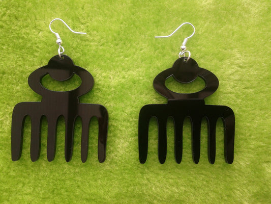 Laser cut acrylic Afro pick, Adinkra Symbol Duafe earrings in black