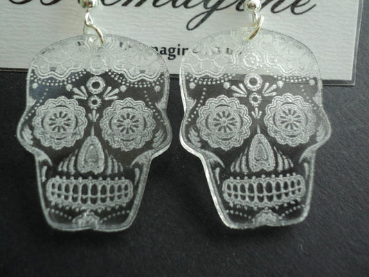 Laser cut and engraved clear acrylic earrings Sugar Skull, Dia de los Muertos