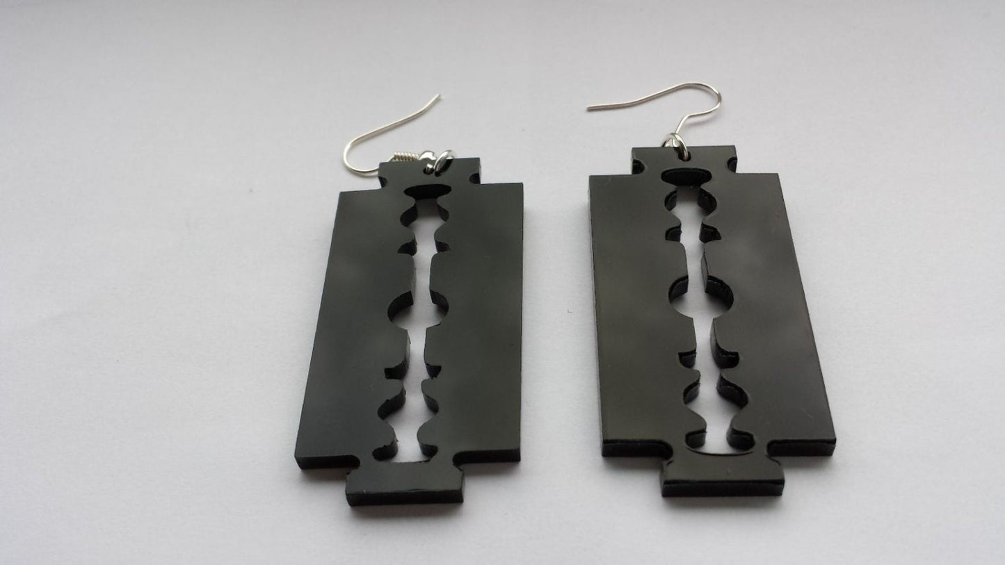 Laser cut acrylic earrings razor blade black