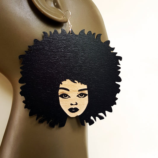 African earrings big Afro woman silhouette wooden engraved natural hair black