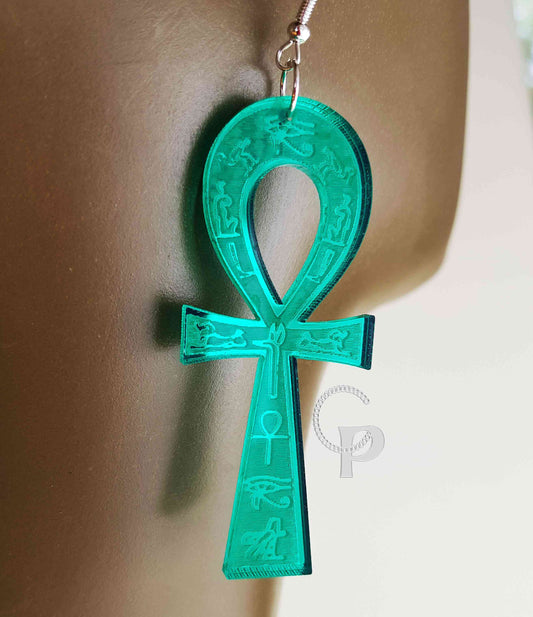 Ankh earrings in silver, gold, color mirror acrylic Africa Symbol Egyptian Cross hieroglyphs kemetian jewelry