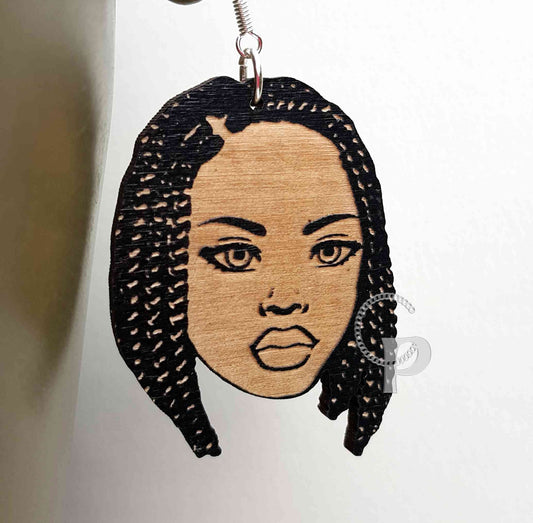 Earrings African woman wooden engraved Afro silhouette natural hair black braided bob