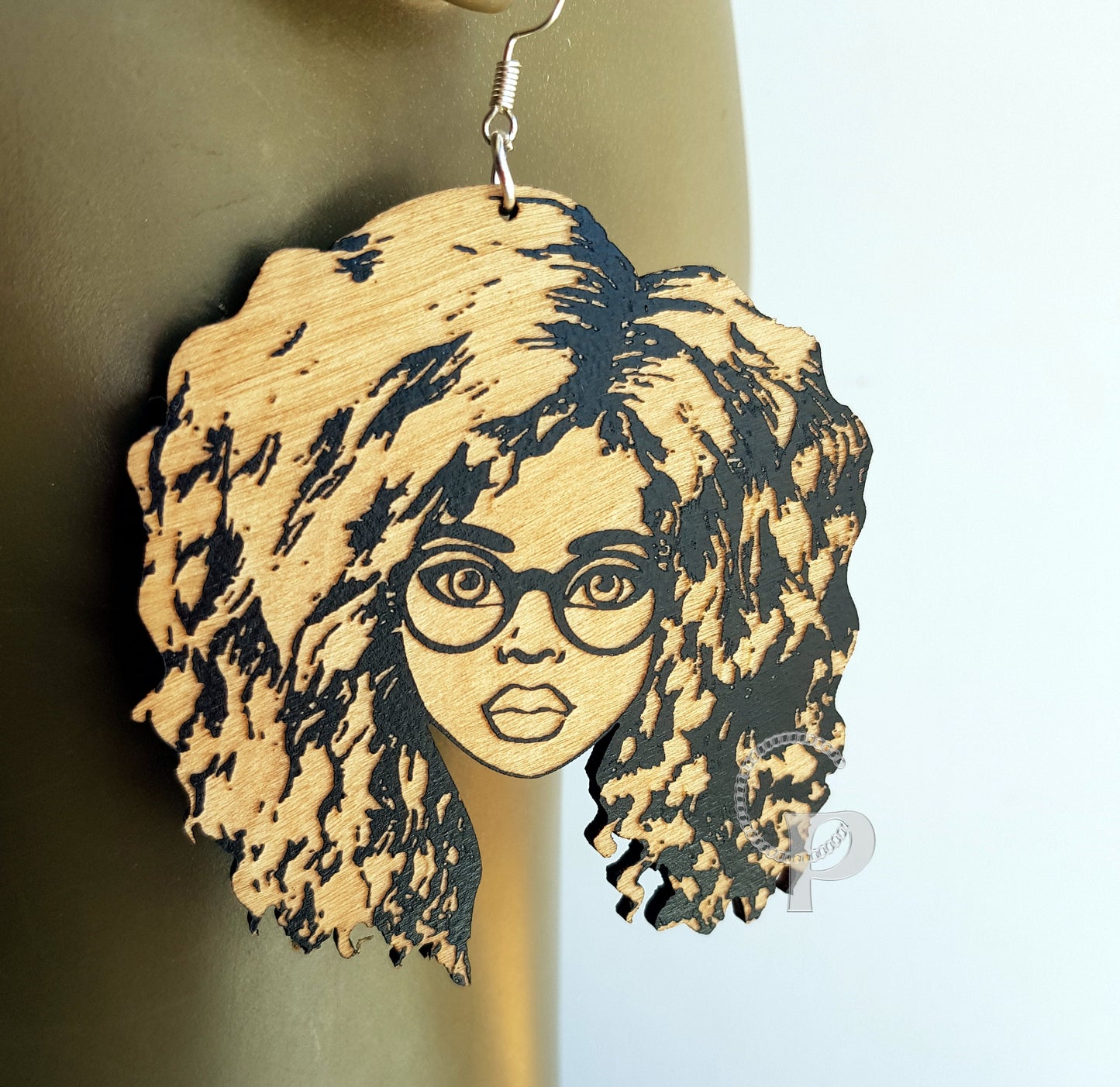 African earrings Afro woman silhouette wooden engraved natural hair glasses waves black