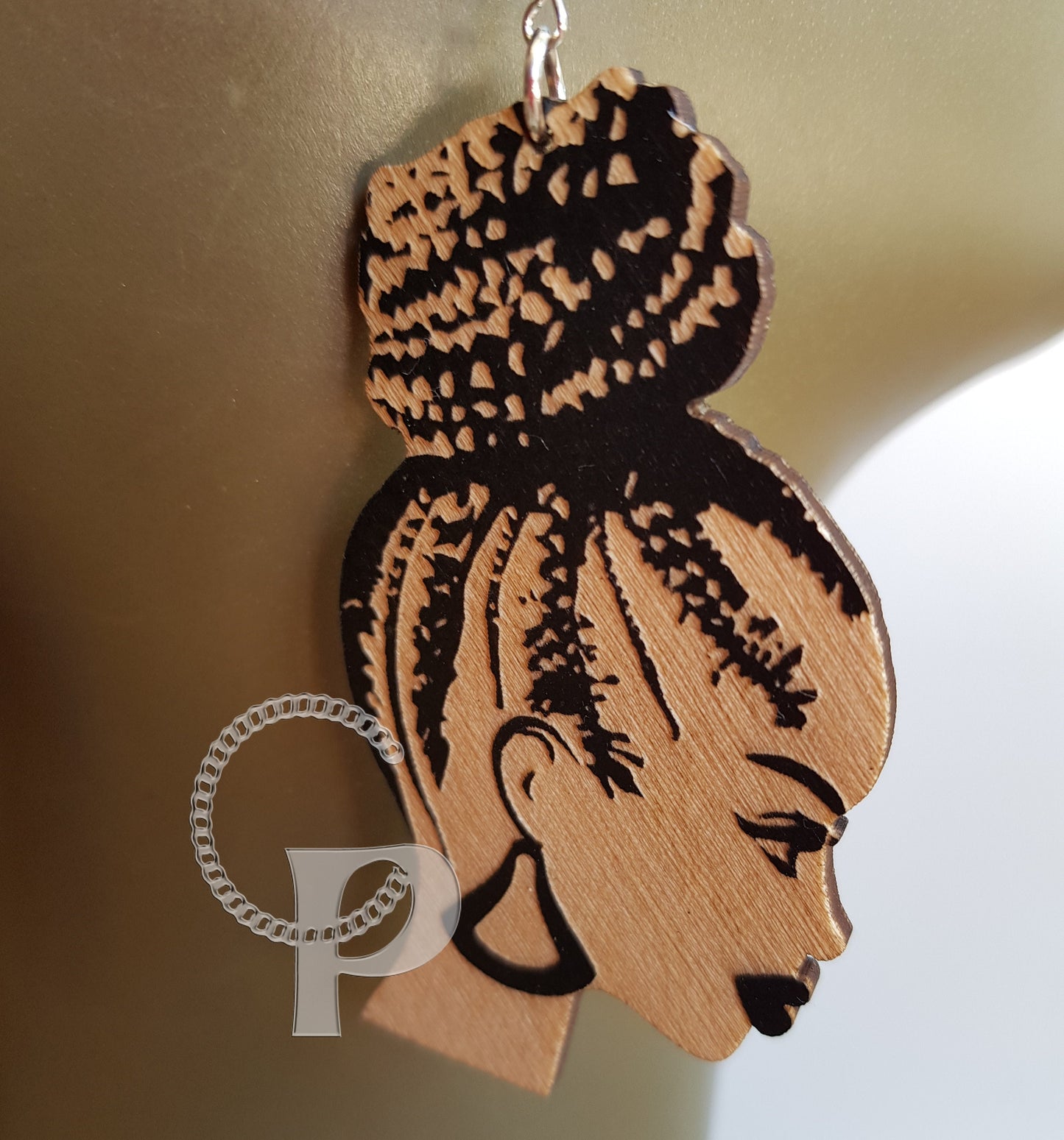 African earrings Afro woman silhouette wooden engraved natural hair cornrows updo