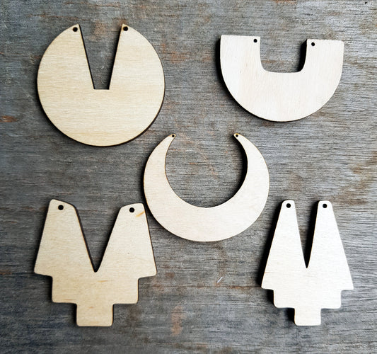 10 plain wooden shapes for jewelry earrings making semi circle, ethnic, laser cut tags crafts