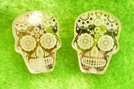 Mirror acrylic gold or silver stud earrings Sugar Skull, Dia de los Muertos