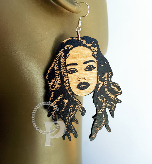 Earrings of African woman Locs silhouette made of wood and engraved with natural hair in black