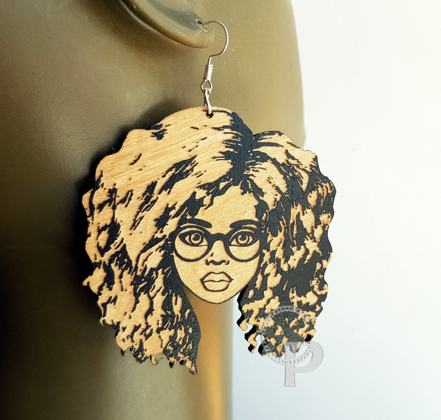 African earrings Afro woman silhouette wooden engraved natural hair glasses waves black