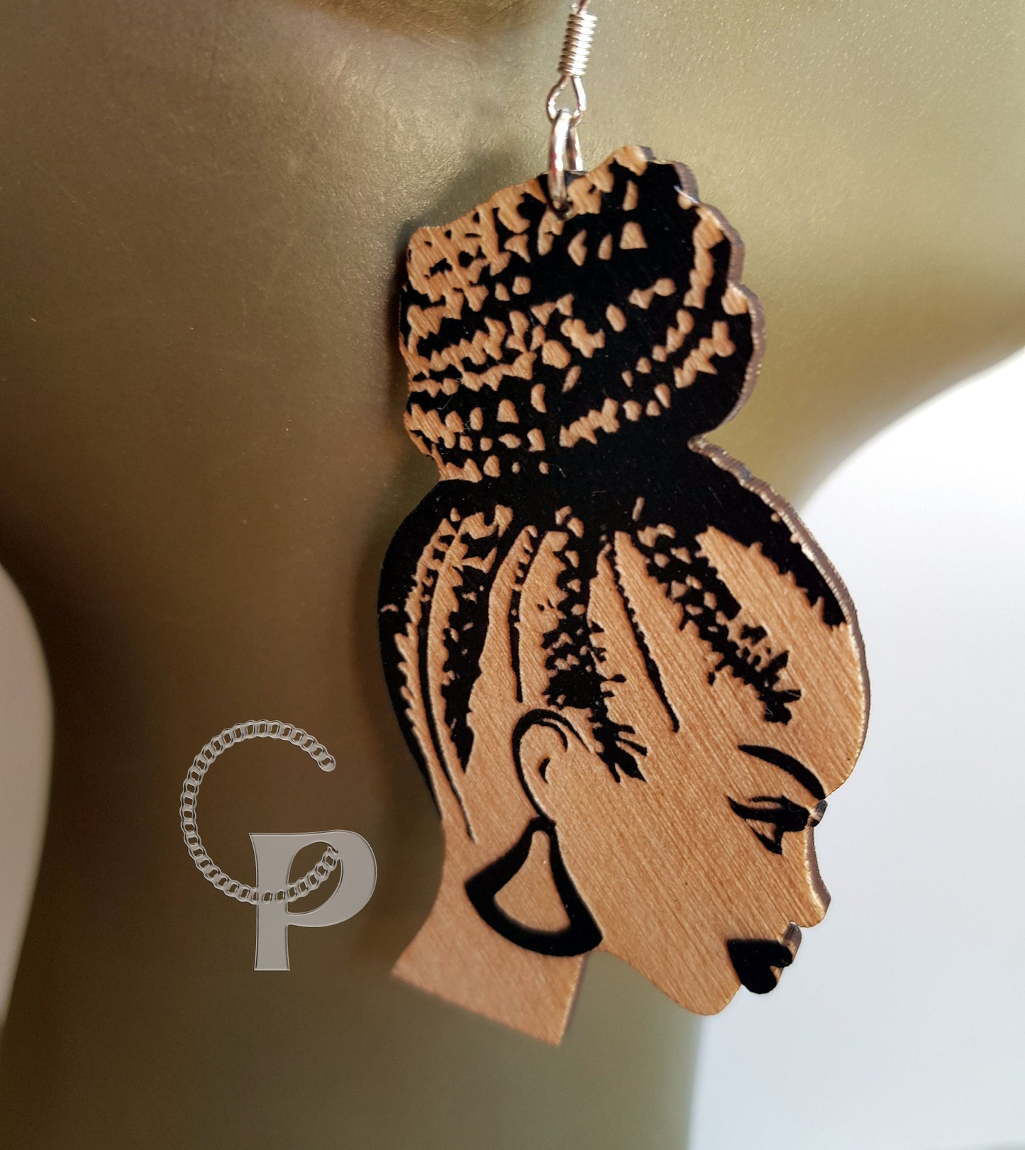 African earrings Afro woman silhouette wooden engraved natural hair cornrows updo