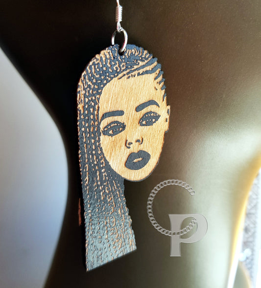 African earrings braids woman silhouette made of wood and engraved with natural hair in black