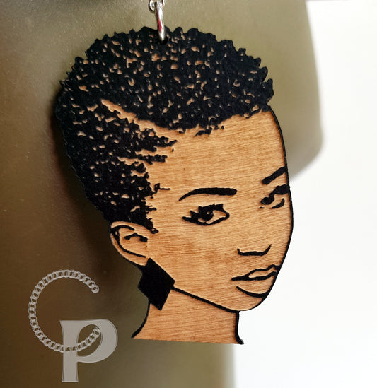 African woman Afro silhouette wooden engraved natural hair coils TWA earrings black