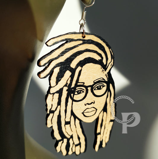 African earrings locs woman with glasess wooden and double sided Afrocentric jewelry with natural hair in black