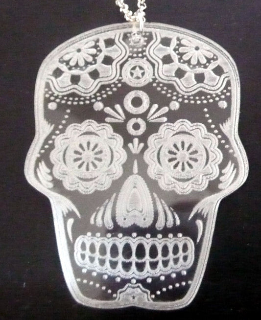 Laser cut and engraved clear acrylic or mirror Sugar Skull, Dia de los Muertos necklace