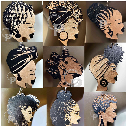 African earrings black woman Afro silhouette wooden engraved natural hair