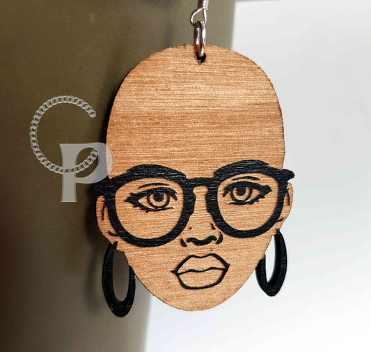 African earrings bald woman wooden and double sided Afrocentric jewelry with glasses in black