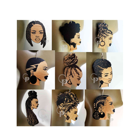 African wooden earrings Afro woman silhouette engraved natural hair locs ethnic jewelry